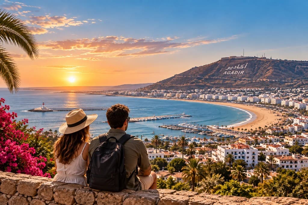 Couple regardant la baie d'Agadir au coucher du soleil