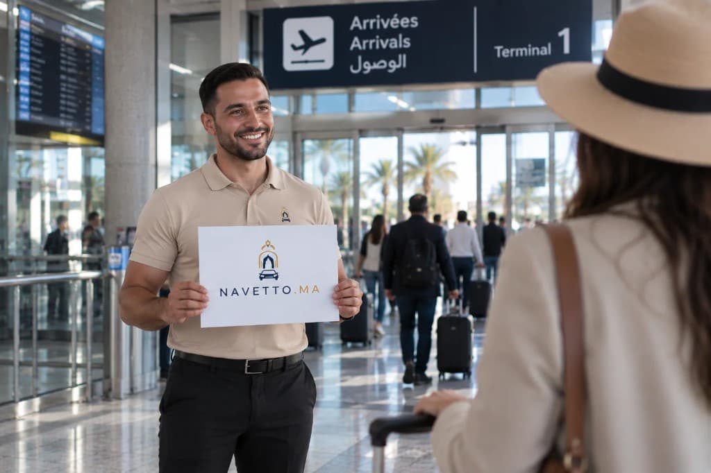 Chauffeur accueillant un passager en salle des arrivées