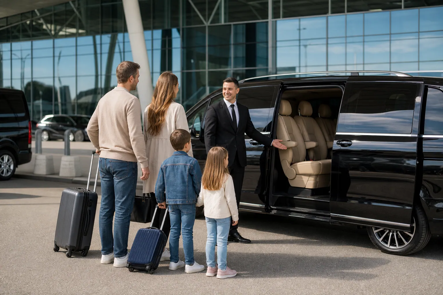 Famille chargeant des bagages dans un van standard à un aéroport marocain