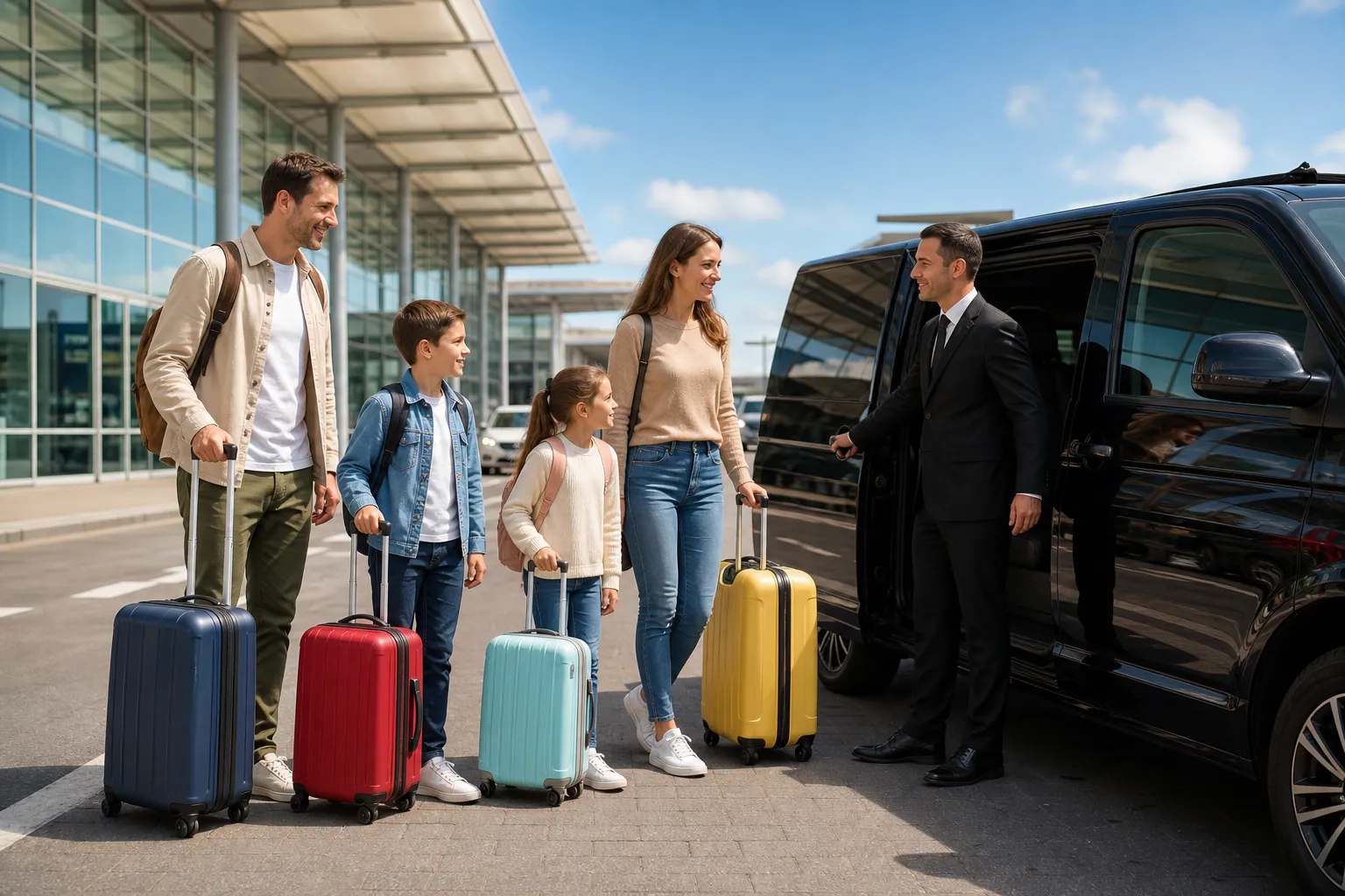 Famille montant dans un véhicule de transfert privé à un aéroport du Maroc