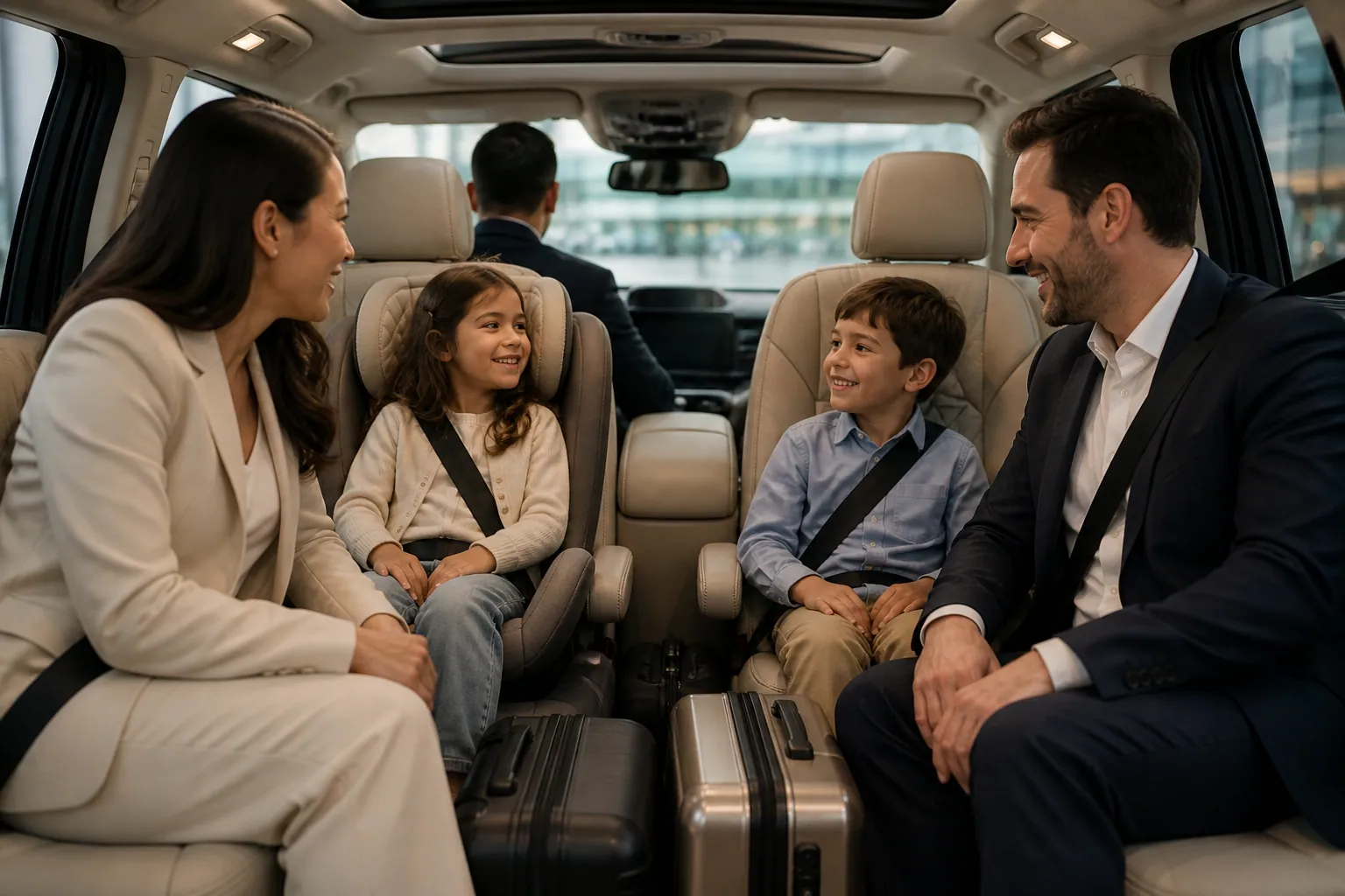 Chauffeur installant un siège enfant dans un minivan de transfert famille au Maroc