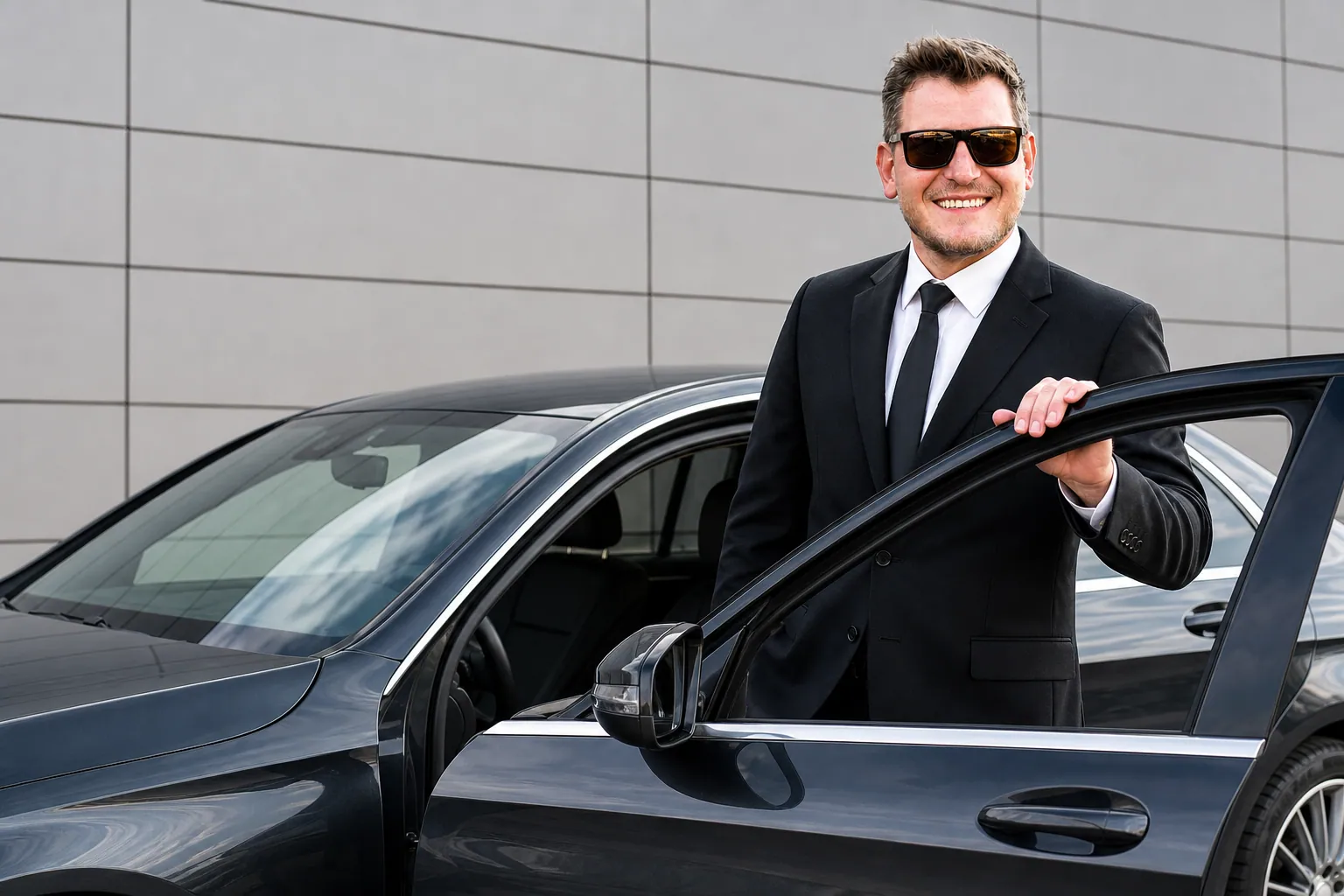 Chauffeur privé ouvrant la portière d'une voiture executive au Maroc